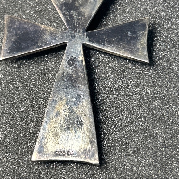 VTG Sterling Silver BA BALI SUARTI Cats Eye Pebbled Cross Necklace Pendant - Picture 4 of 7